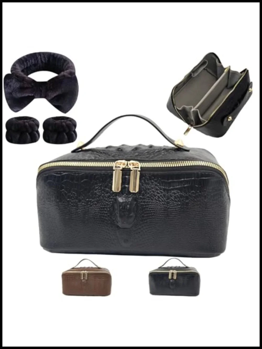Structured PU Leather Makeup Bag for Women, Travel Cosmetic Organizer with